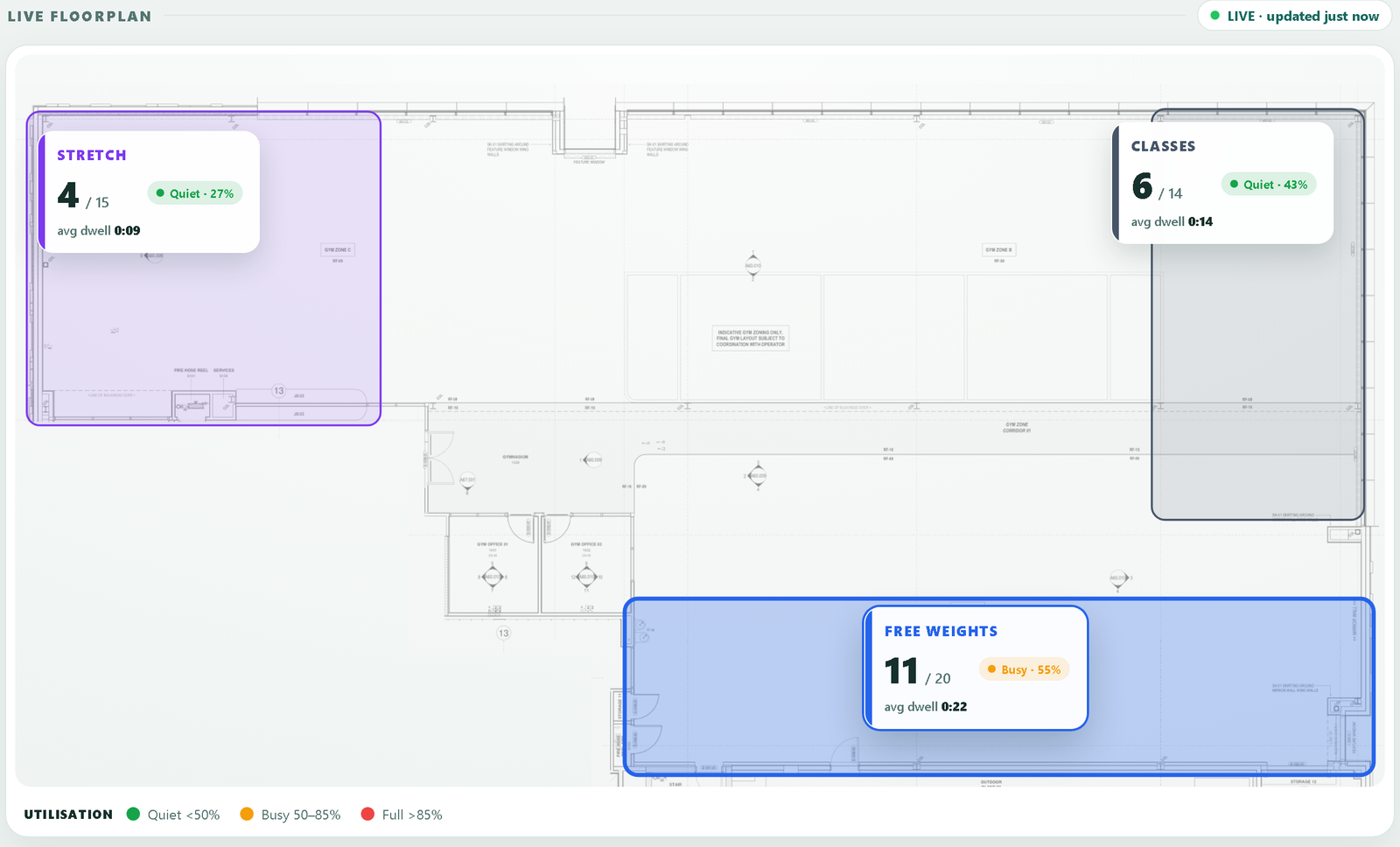 The Constructio dashboard — live occupancy floor plan